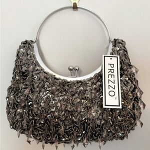 PREZZO Silver Beaded Etched Top Handle Evening Bag in Mink NWT